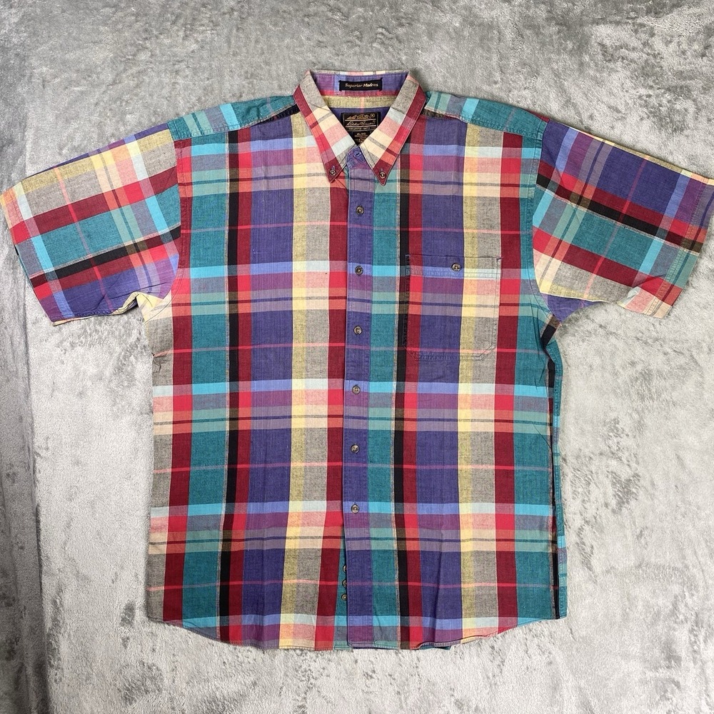 Vtg Eddie Bauer Shirt Mens XL Superior‎ Madras Colorful Plaid Button Pocket 90s